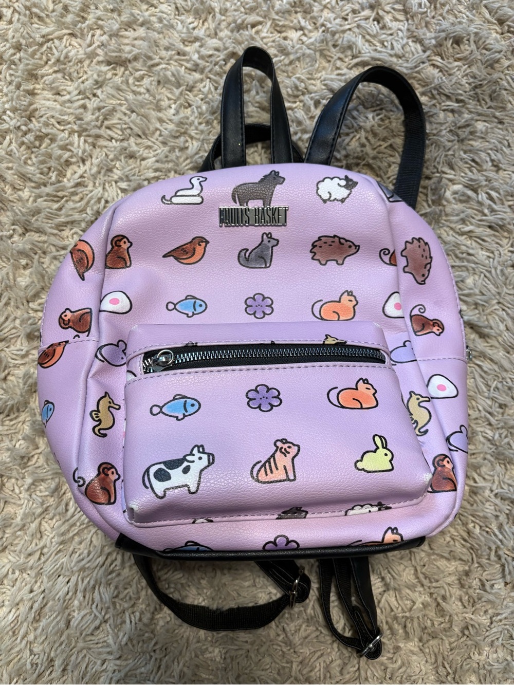 Fruits Basket purple backpack with cartoon animals and flowers